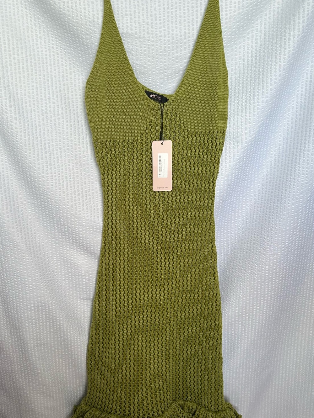 NWT Micas Olive Green Open Knit Ruffle-Hem Midi Dress Size Small